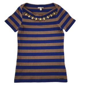 NWOT Burberry Brit Brown & Blue Striped Short Sleeve Knit Top Sz S